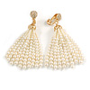 Stunning Faux Glass Pearl Tassel Clear Crystal Dangle Clip On Earrings In Gold Plated Finish - 65mm Long