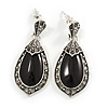 Vintage Inspired Oval Anthracite Crystal with Ceramic Stone Drop Earrings In Aged Silver - 40mm Long