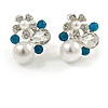 Delicate Pearl, Crysal Floral Clip On Earrings In Silver Tone (Clear/White/Teal) - 18mm Tall