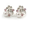 Delicate Pearl, Crysal Floral Clip On Earrings In Silver Tone (Clear/White/Pink) - 18mm Tall