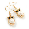 Gold Tone Faux Pearl Owl Drop Earrings - 37mm Tall