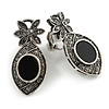 Marcasite Crystal Floral Clip On Earrings In Aged Silver Tone - 35mm Tall