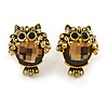 Funky Crystal Owl Stud Earrings In Aged Gold Tone Metal - 20mm Tall