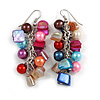 Multicoloured Glass Bead, Shell Nugget Cluster Dangle/ Drop Earrings In Silver Tone - 60mm Long