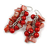 Red Glass Bead, Shell Nugget Cluster Dangle/ Drop Earrings In Silver Tone - 60mm Long