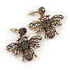 Vintage Inspired Crystal Bee Drop Earrings In Aged Gold Tone - 35mm Tall