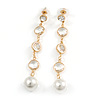 Stunning Clear Crystal White Faux Pearl Long Linear Drop Earrings In Gold Tone - 70mm L