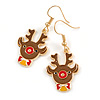 Christmas Reindeer Brown/ Red/ Yellow Enamel Drop Earrings In Gold Tone - 45mm Tall