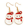 Christmas Snowman Red/ White Enamel Drop Earrings In Gold Tone - 45mm Tall