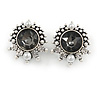Vintage Inspired Crystal, Pearl Round Clip On Earrings In Aged Silver Tone Metal - 25mm Tall