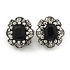 Vintage Inspired Square Black/ Clear Crystal Clip On Earrings In Aged Silver Tone - 20mm Tall