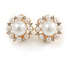 Gold Tone White Faux Pearl Crystal Floral Clip On Earrings - 18mm