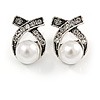 Vintage Inspired Clear Crystal White Faux Pearl Bow Stud Earrings In Aged Silver Tone - 20mm Tall