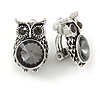 Vintage Inspired Grey Crystal Owl Clip On Earrings In Aged Silver Tone Metal - 22mm Tall
