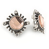 Vintage Inspired Round Faceted Pale Pink Crystal Clip On Earrings In Aged Silver Tone Metal - 20mm D