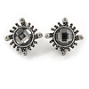 Vintage Inspired Round Faceted Dim Grey Crystal Clip On Earrings In Aged Silver Tone Metal - 20mm D