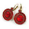 Vintage Inspired Round Cut Scarlet Red Glass Stone Drop Earrings With Leverback Closure In Antique Gold Metal - 40mm L