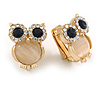 Crystal Owl Clip On Earrigns In Gold Tone (Clear/ Blue) - 17mm Tall