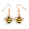 Small Black/ Yellow Enamel Crystal Bee Drop Earrings In Gold Tone - 40mm Long