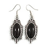 Vintage Inspired Oval Black Ceramic Stone Filigree Drop Earrings In Silver Tone - 50mm Long