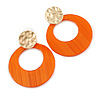 Statement Orange Acrylic Hoop Earrings In Matt Gold Tone - 55mm L