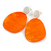 Statement Orange Acrylic Curvy Oval Drop Earrings In Matt Silver Tone - 65mm L