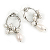 Stylish Twisted Circle with Freshwater Pearl Flower Drop Earrings In Silver Tone Metal - 35mm L