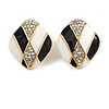 Black/ White Enamel Crystal Square Stud Earrings In Gold Tone - 20mm L