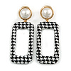 Black/ White Fabric Covered Gingham Checked Drop/ Hoop Earrings In Gold Tone - 75mm Long