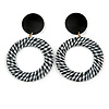 Black/ White Fabric Covered Gingham Checked Drop/ Hoop Earrings - 65mm Long
