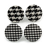 Set of 2 Pairs Black/ White Fabric Covered Gingham Checked Button Stud Earrings In Silver Tone  - 25mm