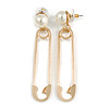 Large Gold Tone Safety Pin with Cream Faux Pearl Drop Earrings - 80mm L
