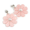 Light Pink Acrylic Flower Drop Earrings In Silver Tone - 55mm L