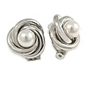 Polished Silver Tone Knot with Faux Pearl Bead Clip On Earrings - 17mm D