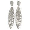 Large Contemporary Hammered Leaf Clip On Earrings In Silver Tone Metal - 11.5cm L