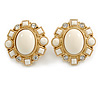 Large Oval Matt Gold Tone, Clear Crystal with Milky White Acrylic Bead Clip-On Earrings - 35mm Tall