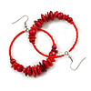 Large Red Glass, Shell, Wood Bead Hoop Earrings In Silver Tone - 75mm Long