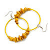 Large Yellow Glass, Shell, Wood Bead Hoop Earrings In Silver Tone - 75mm Long