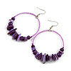 Large Purple Glass, Shell, Wood Bead Hoop Earrings In Silver Tone - 75mm Long