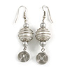 White Glass Bead with Wire Element Drop Earrings In Silver Tone - 6cm Long