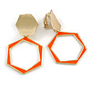 Orange Enamel Geometric Clip-On Earrings In Bright Gold Tone Metal - 50mm Long