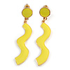 Neon Yellow Enamel Wavy Drop Earrings In Gold Tone - 55mm Long