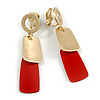 Brushed Gold, Red Square Dangle Clip-On Earrings - 50mm Long