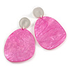 Statement Pink Acrylic Curvy Oval Drop Earrings In Matt Silver Tone - 65mm L