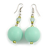 Large Pastel Mint Green Resin/ Lime Green Glass Bead Ball Drop Earrings In Silver Tone - 70mm Long