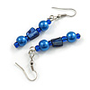 Blue Glass and Shell Bead Drop Earrings with Silver Tone Closure - 6cm Long