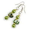 Lime Green/ Green Glass and Shell Bead Drop Earrings with Silver Tone Closure - 6cm Long