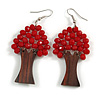Red Glass Bead Brown Wood Tree Drop Earrings - 70mm Long