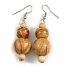 Natural/ Brown Colour Fusion Wood Bead Drop Earrings with Silver Tone Closure - 55mm Long