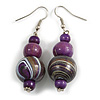 Purple/ Gold/ White Colour Fusion Wood Bead Drop Earrings with Silver Tone Closure - 55mm Long